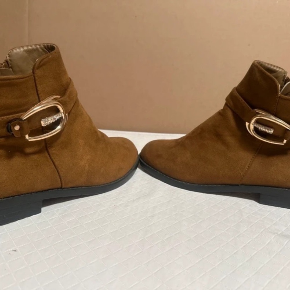 Suede Tan Ankle Booties with Gold Buckle Detail